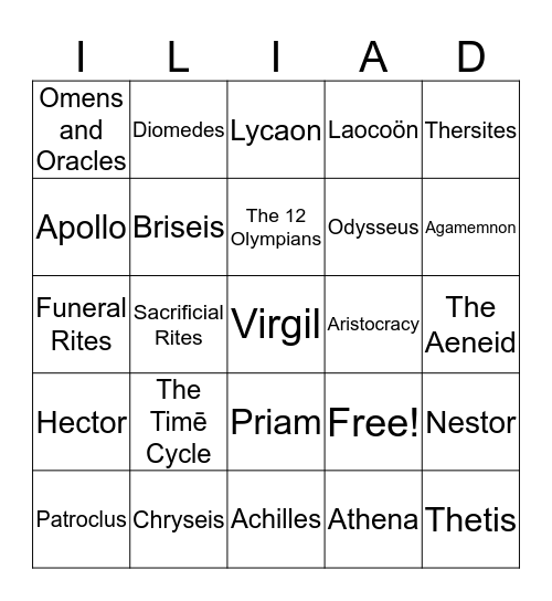 Iliad Bingo Card