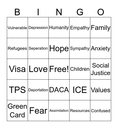 Immigration Bingo Card