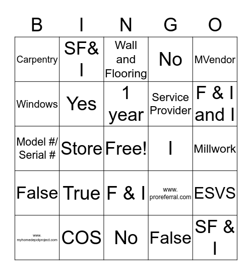 Home Services Bingo Card