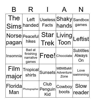 Brian Bingo Card