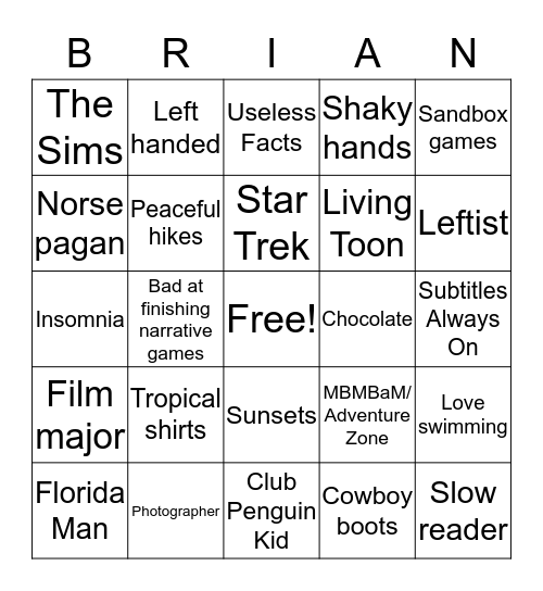 Brian Bingo Card