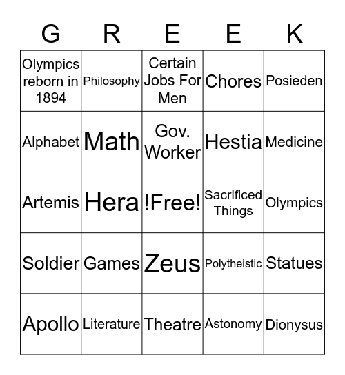 Greek Lifestyle & Beliefs Bingo Card