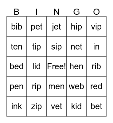 short e and i Bingo Card