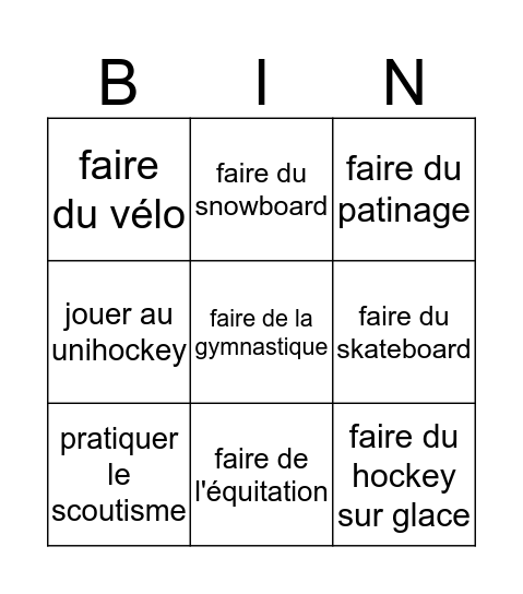 Sports & loisirs Bingo Card