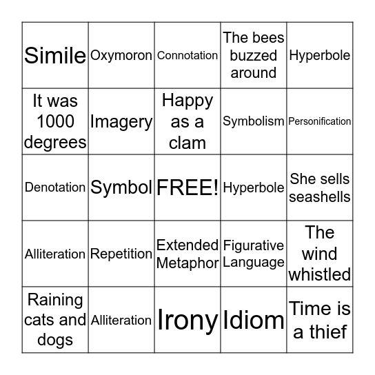 Literary Terms Bingo Card