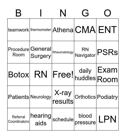 Specialty Clinic Bingo Card