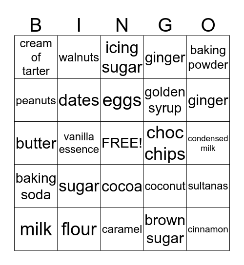 Baking Ingrediants Bingo Card