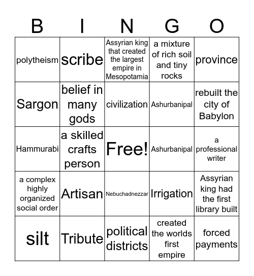 Mesopotamia Bingo Card