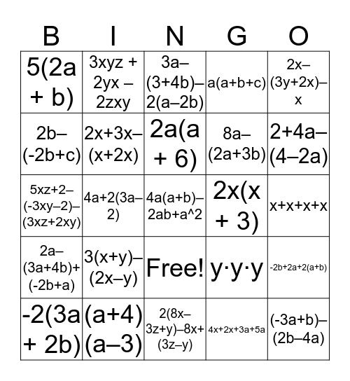 Algebra-bingo Card