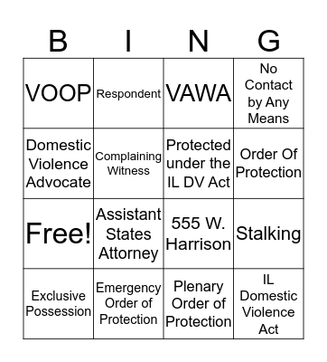 Domestic Violence Bingo Card