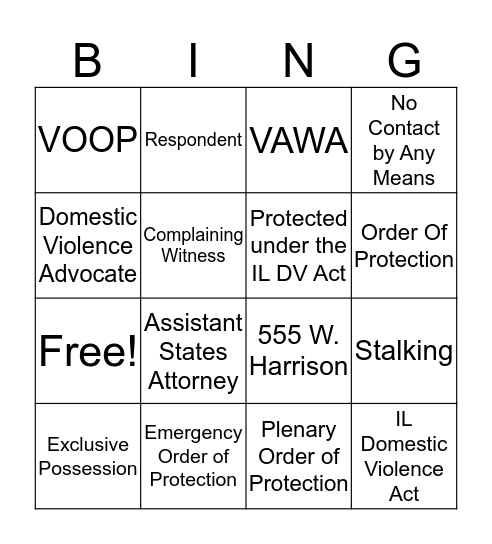 Domestic Violence Bingo Card