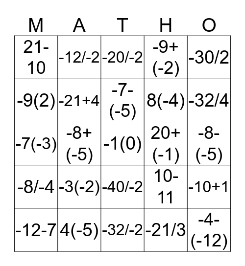 Integer Math-O Bingo Card