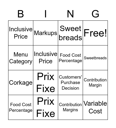 Menu Pricing Bingo Card