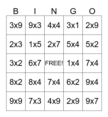 Multiplication Bingo Card
