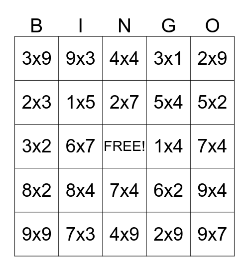 Multiplication Bingo Card