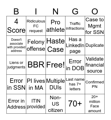 RSU - Senior RA Bingo Card