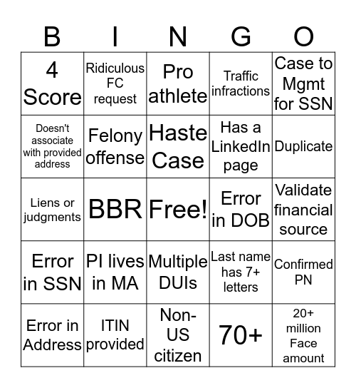 RSU - Senior RA Bingo Card