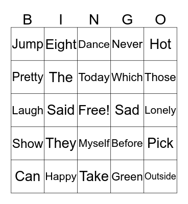 Sight Word Bingo Card