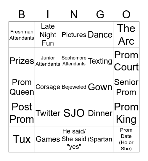 2014 Post Prom Bingo Card