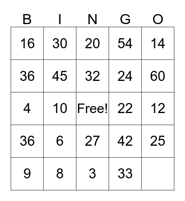 Multiplication Bingo Card