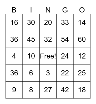 Multiplication Bingo Card
