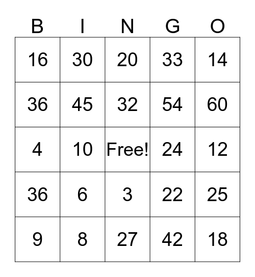 Multiplication Bingo Card