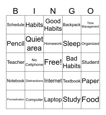 Study Skills  Bingo Card