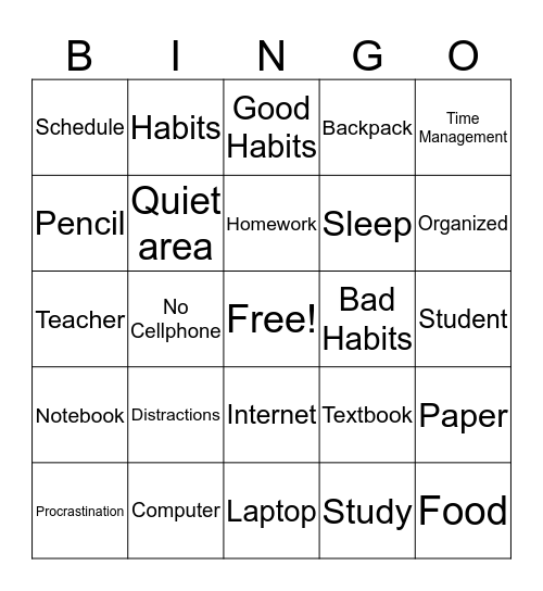 Study Skills  Bingo Card