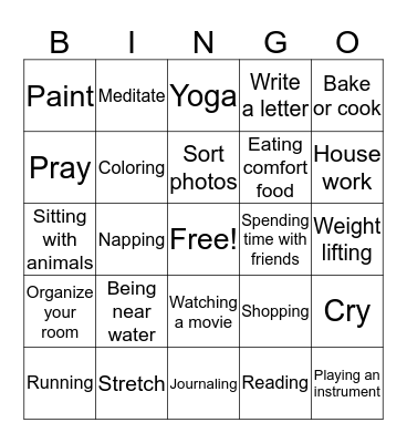 Activities and Mood Boosting Bingo Card