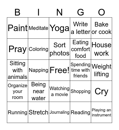 Activities and Mood Boosting Bingo Card