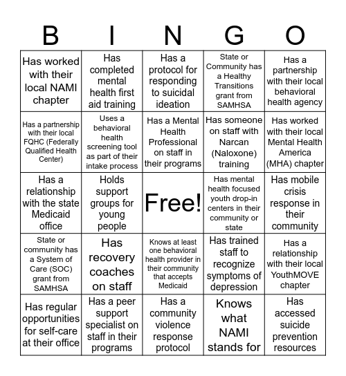 Mental Health Connections Bingo Card
