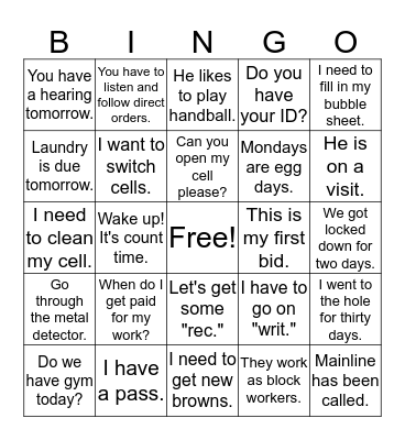 Jailhouse Jargon Set 1 Bingo Card