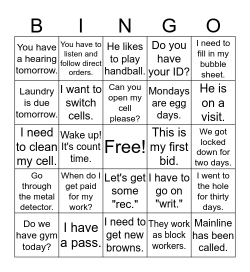 Jailhouse Jargon Set 1 Bingo Card