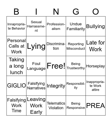 Ethics Bingo Card
