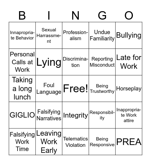 Ethics Bingo Card