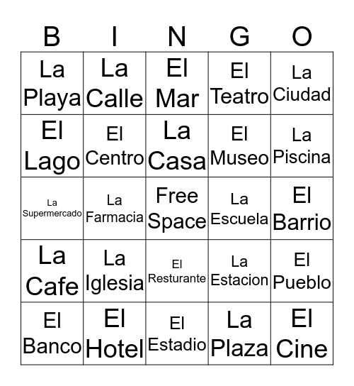 Spanish Places Bingo Card