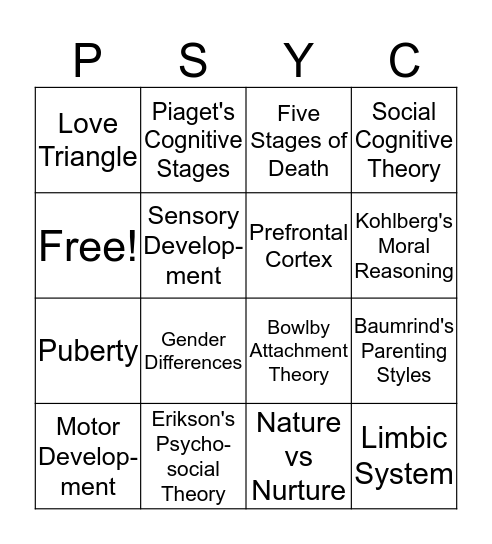 Developmental Psychology Bingo Card