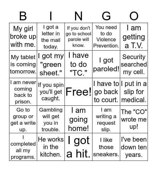Jailhouse Jargon Set 1 Bingo Card