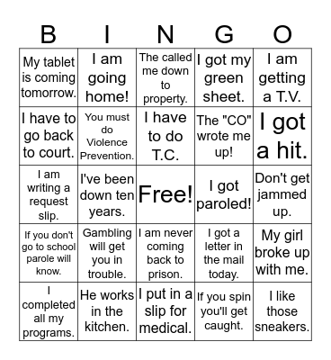 Jailhouse Jargon Set 1 Bingo Card