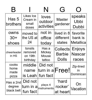 Fun Fact Bingo Card