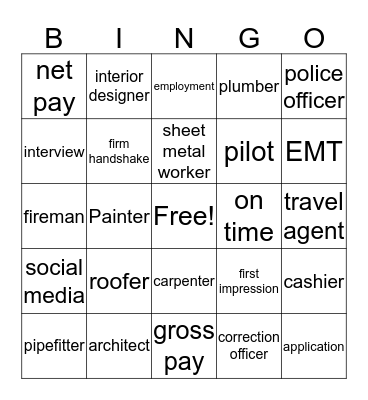 Vocational Vocabulary Bingo Card