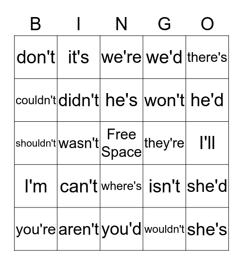 2G category words/contractions   Mrs. Sosh's Class Bingo Card