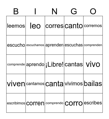 Regular -AR, -ER, & -IR Verbs Bingo Card