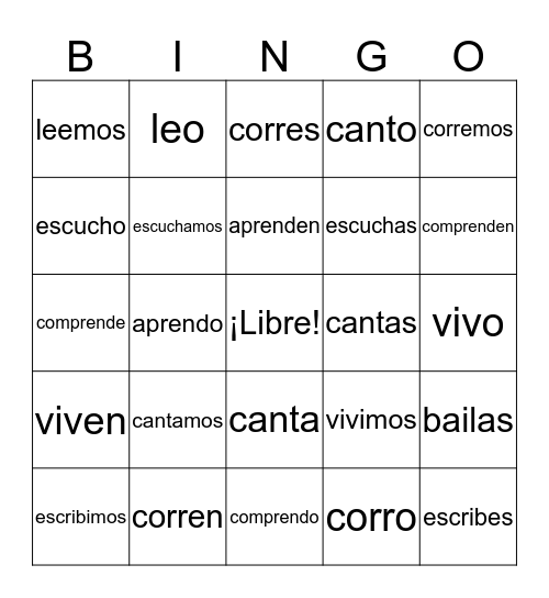 Regular -AR, -ER, & -IR Verbs Bingo Card