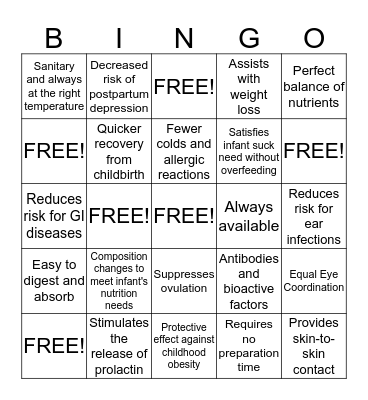 Breastfeeding Bingo  Bingo Card