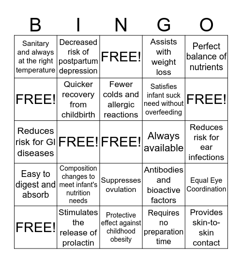 Breastfeeding Bingo  Bingo Card