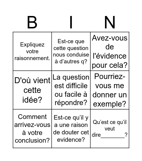 Questions Bingo Card