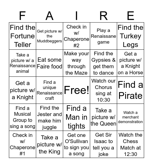 Renaissance Faire BINGO - CoverAll  Bingo Card