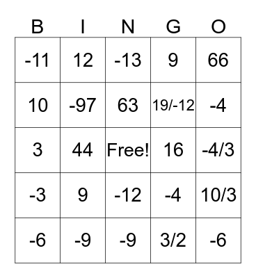 ALGEBRA BINGO Card