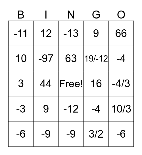 ALGEBRA BINGO Card